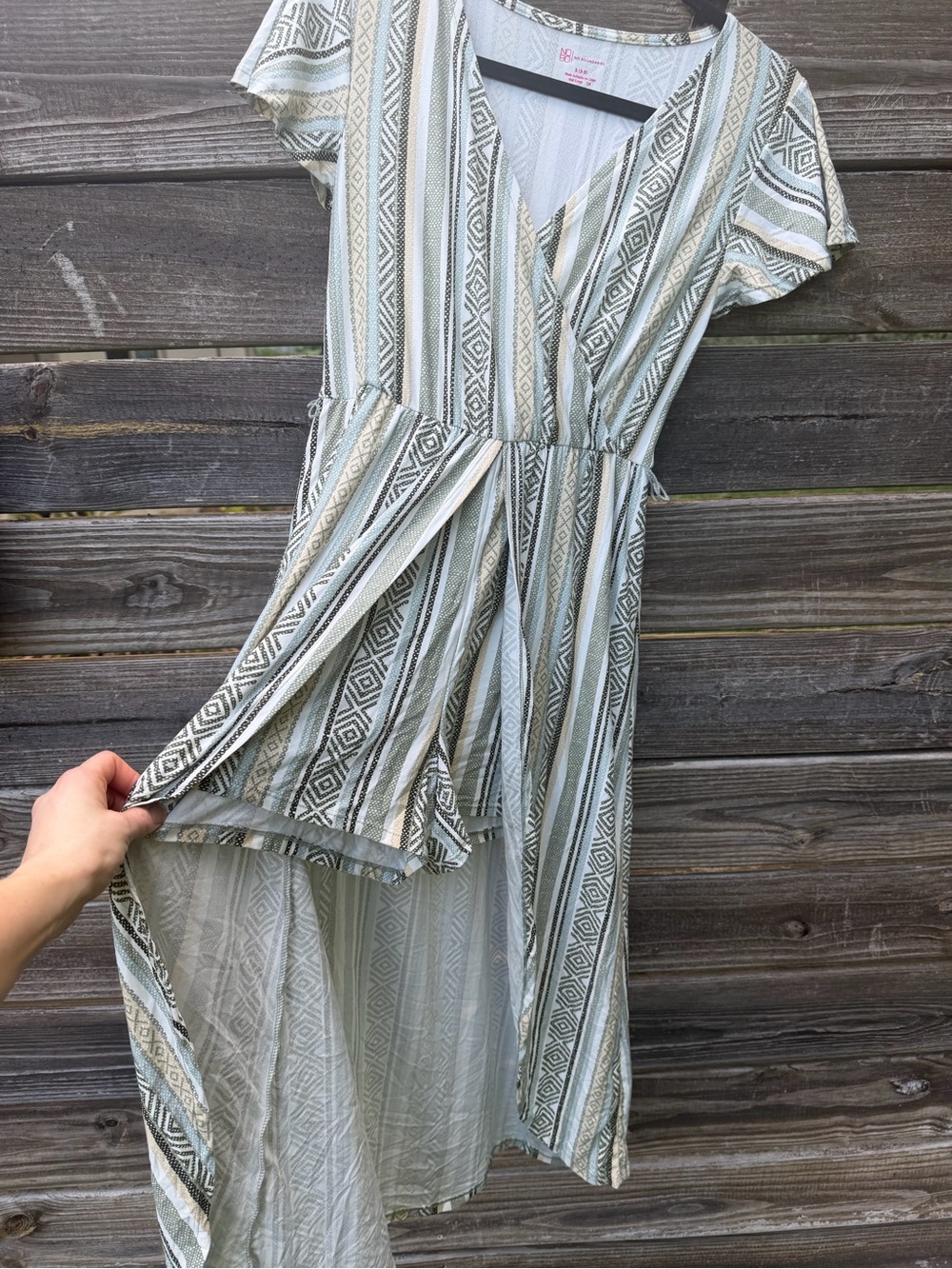 No Boundaries Sage and Cream Striped Maxi Romper Small Faux Wrap High Low Skirt - Picture 4 of 13